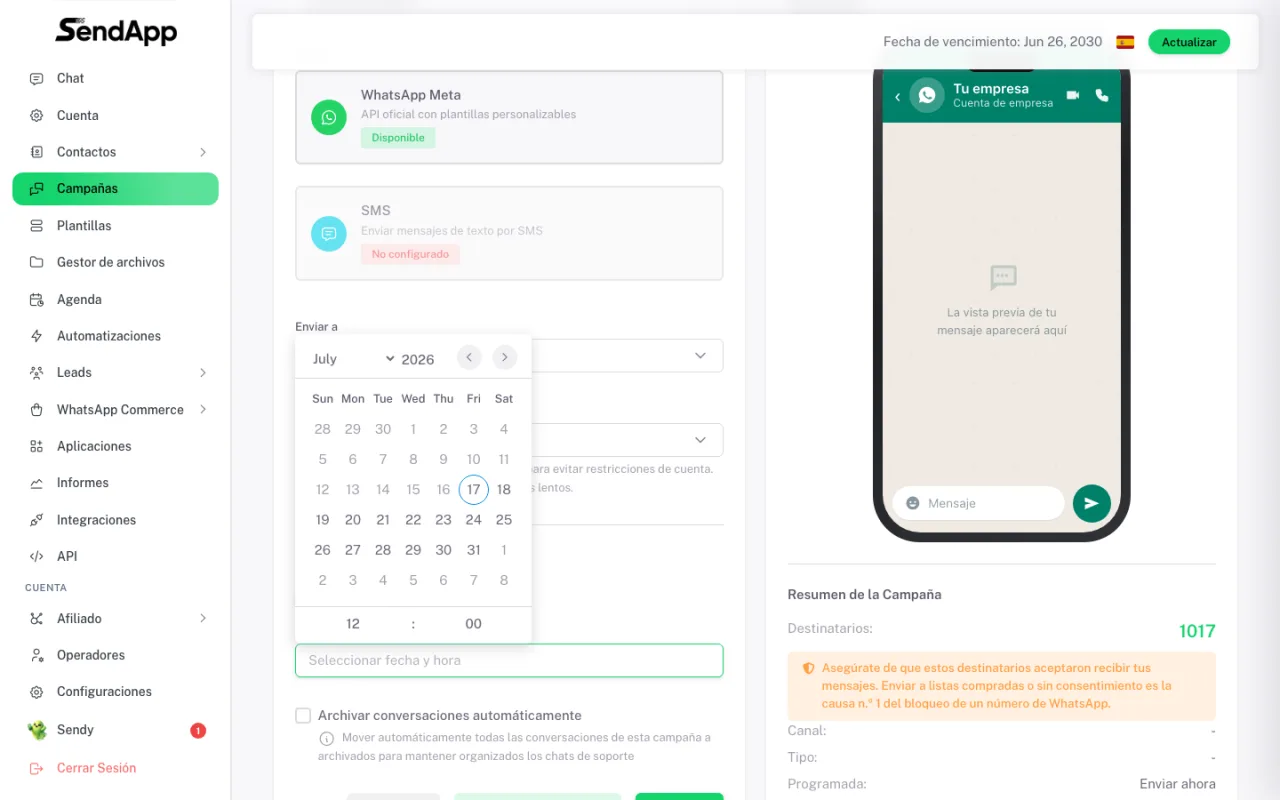 Asistente de campaña de SendApp con la programación abierta y 1.017 destinatarios