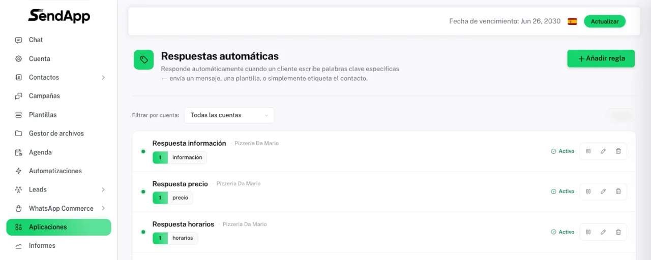 Pantalla de respuestas automáticas con tres reglas activas por palabra clave: info, precio y horarios