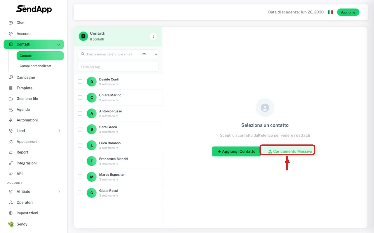 Section Contacts avec le bouton Import en masse mis en évidence