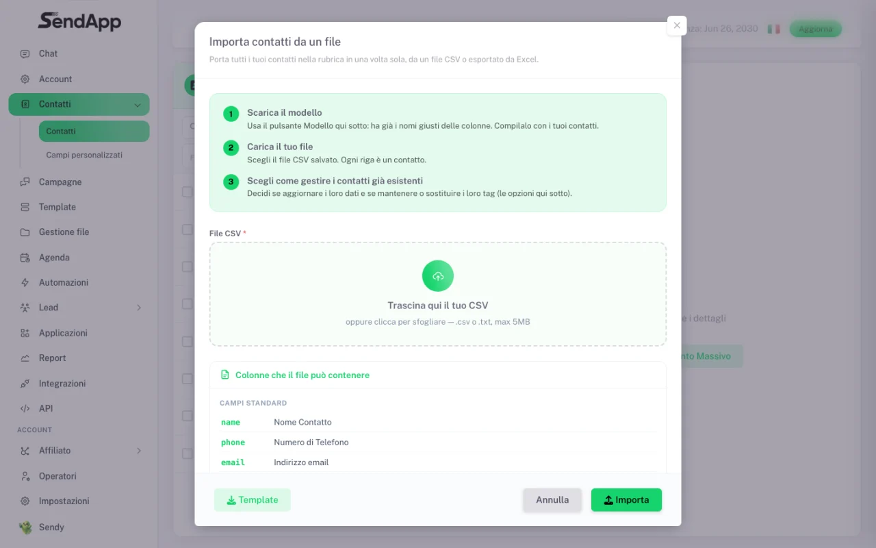 Fenêtre d’import de contacts avec le mini-guide et la zone de téléversement