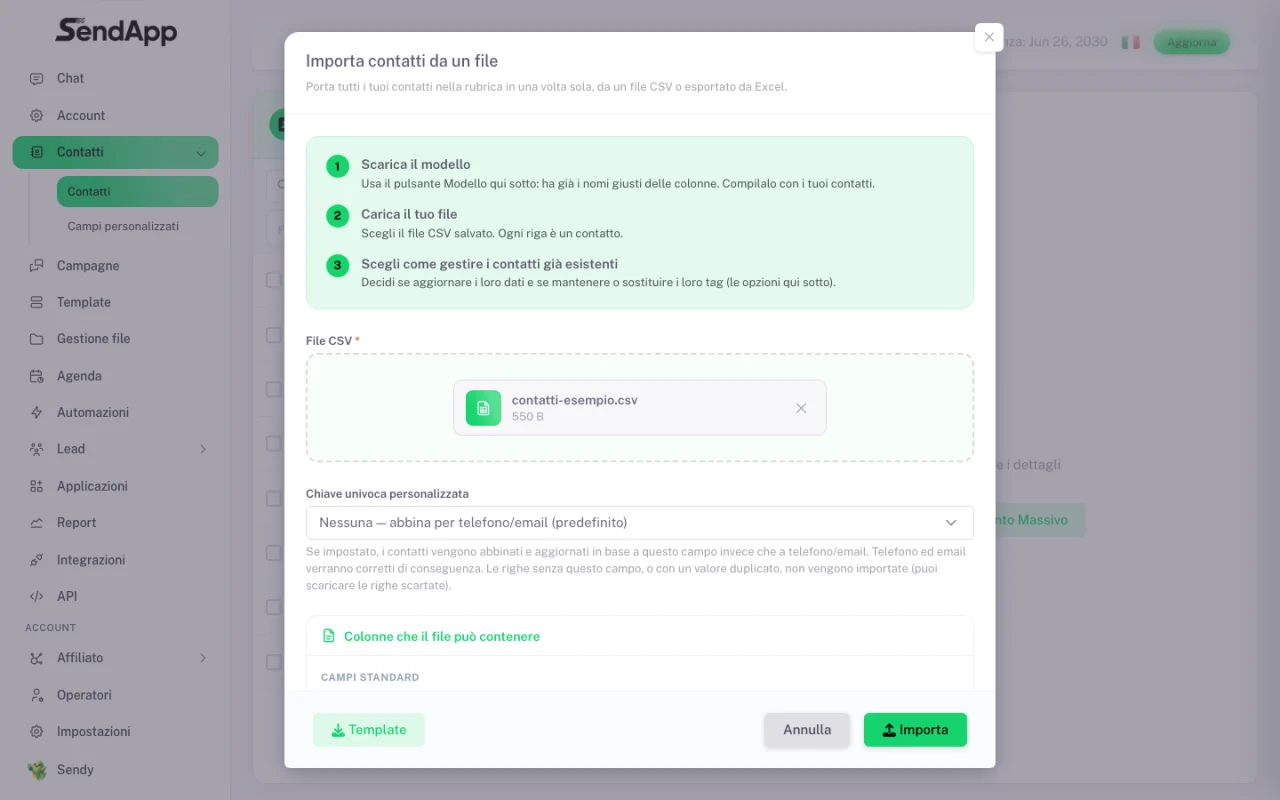 Fichier CSV sélectionné avec l’option Clé unique personnalisée