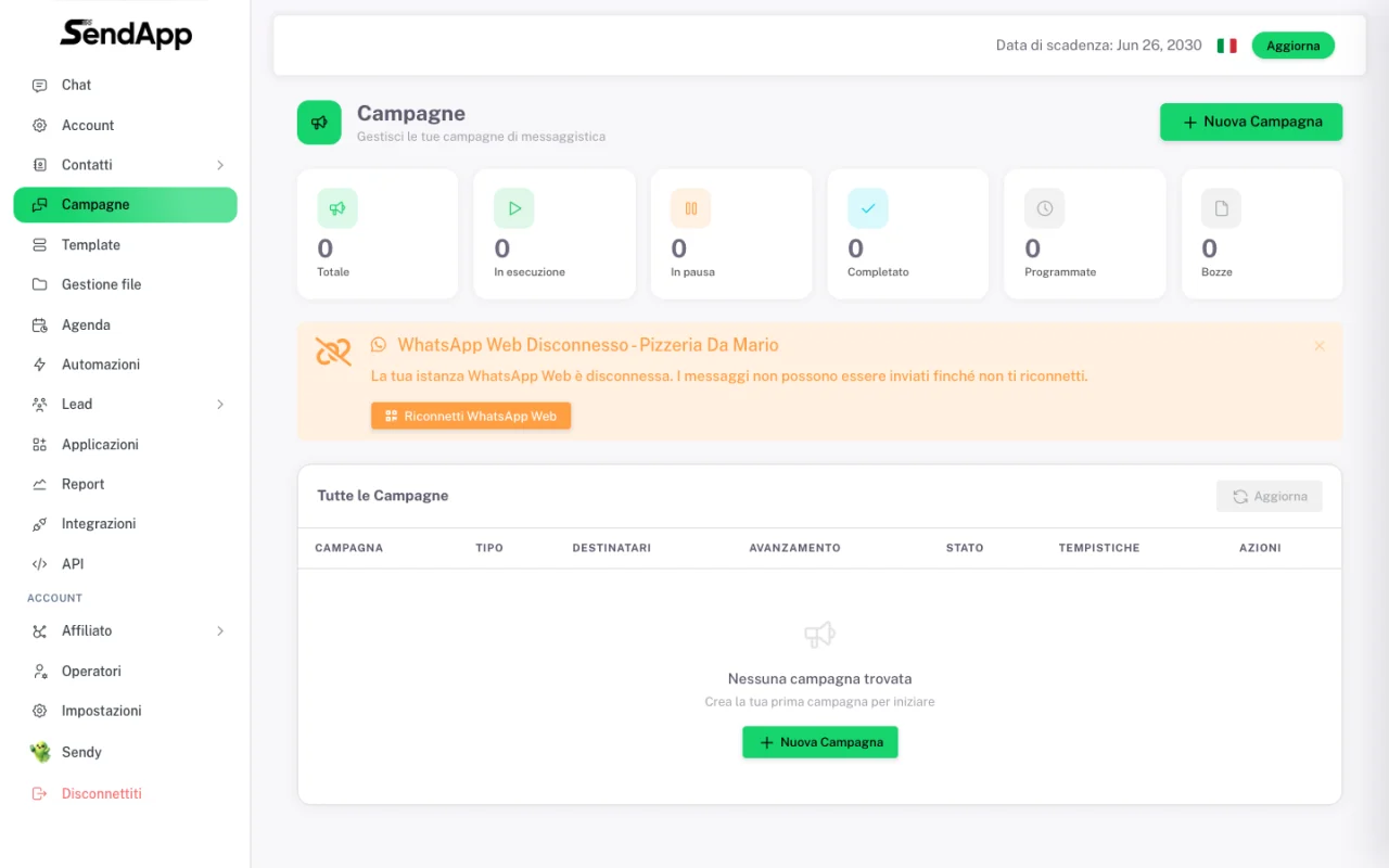 SendApp Agent Campaigns dashboard with the New Campaign button