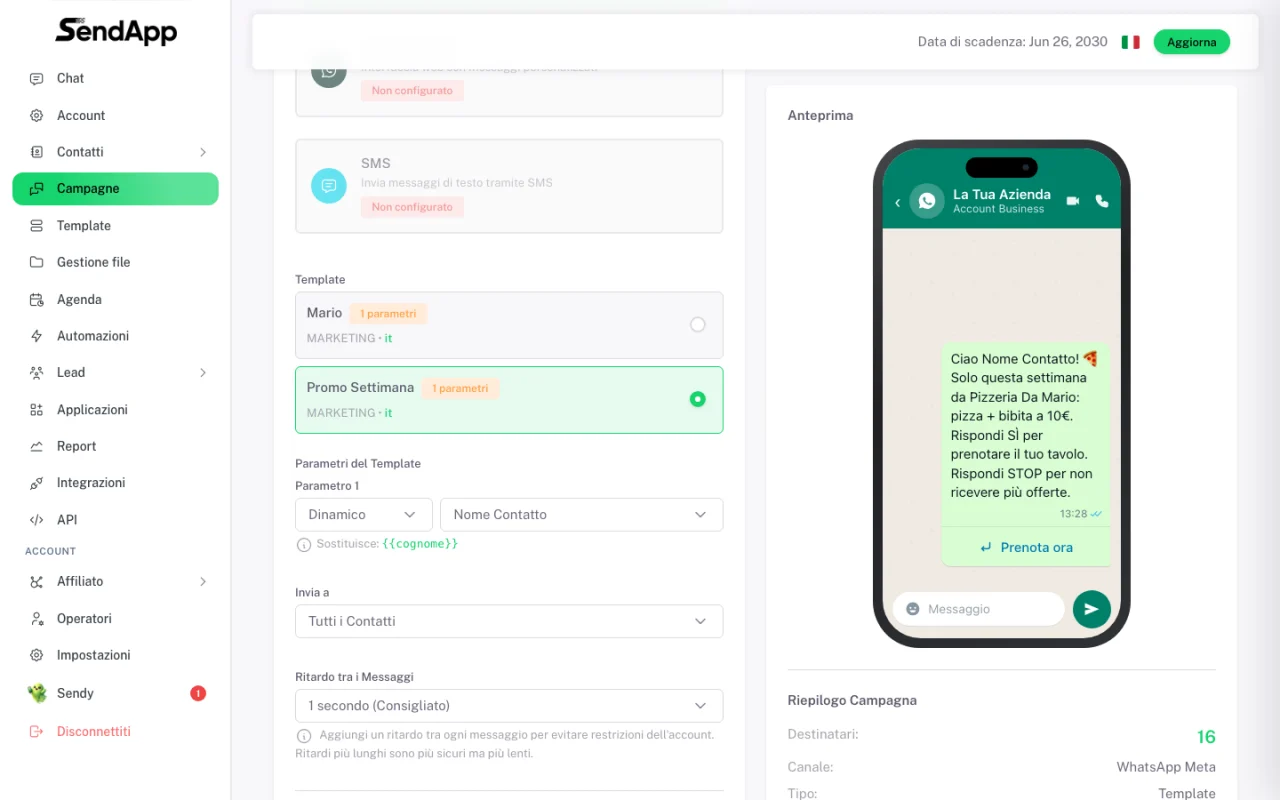 Choosing the approved template and previewing the message with variables