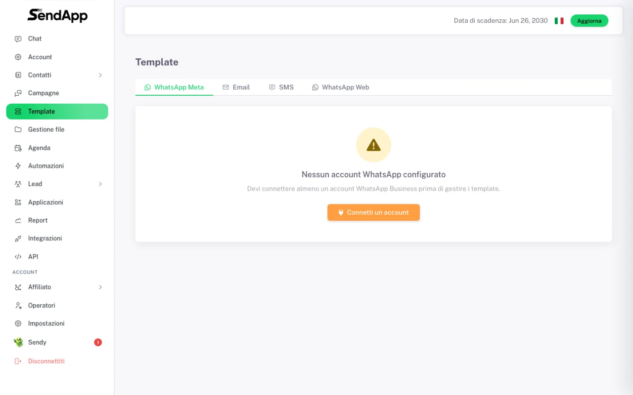 SendApp Agent Templates section with the WhatsApp Meta, Email, SMS and WhatsApp Web tabs