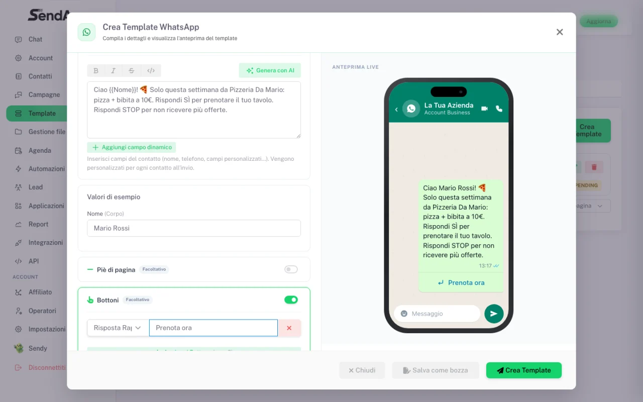 Template body with a variable and live preview