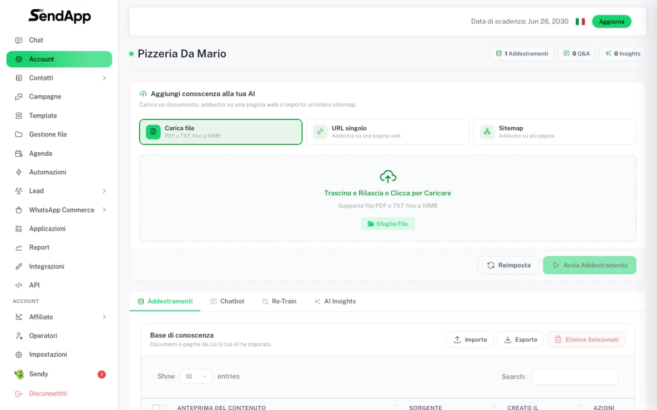 Page d’entraînement de l’IA dans SendApp Agent : chargez un fichier, entraînez sur une URL ou importez un sitemap entier