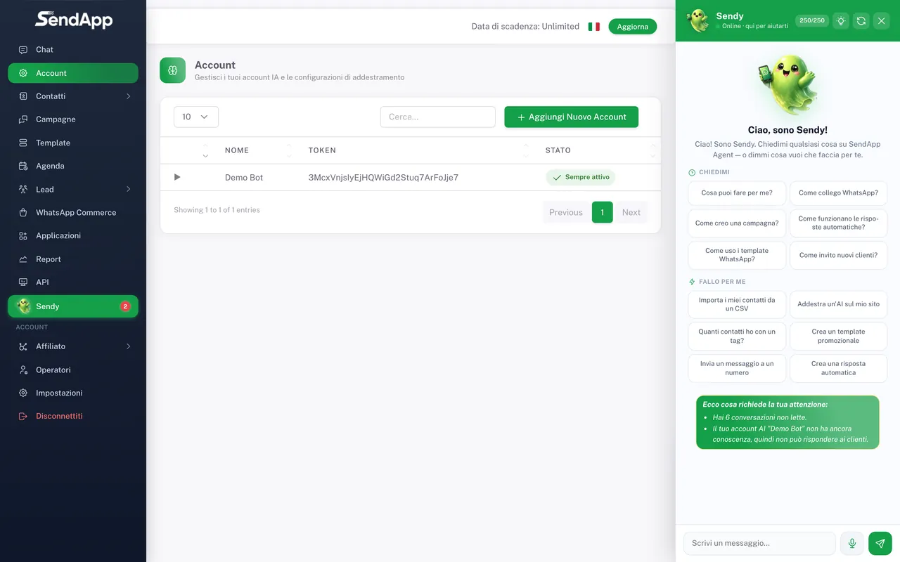 Sezione Account di SendApp Agent dove si addestra l’AI