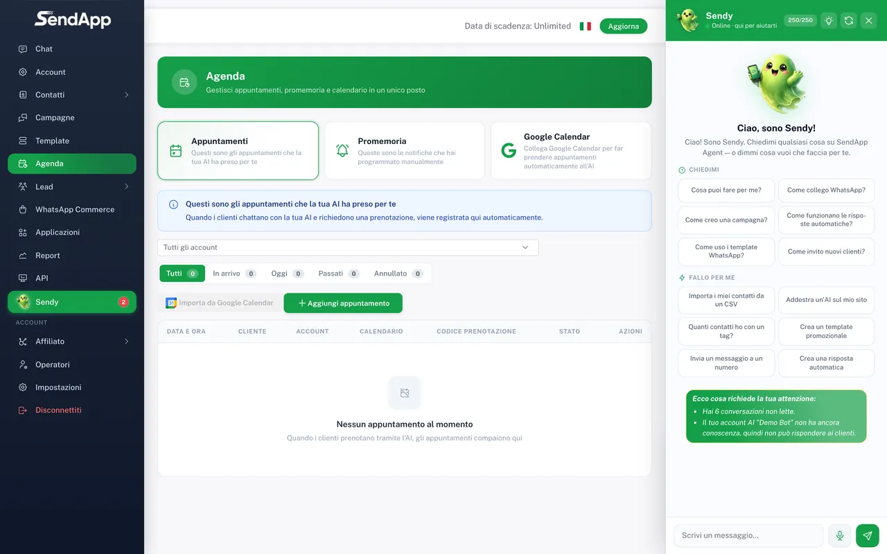 Pagina Agenda di SendApp Agent con promemoria e prenotazioni