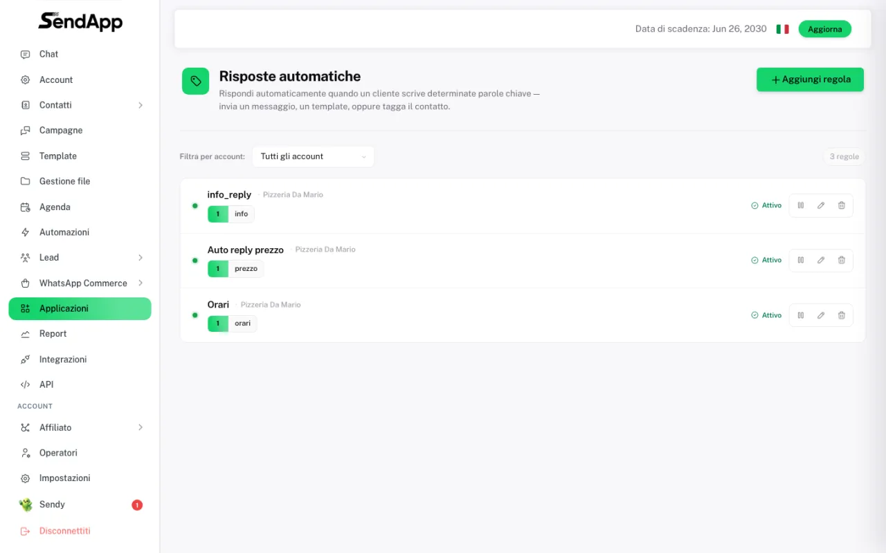Auto replies page in SendApp Agent with three active rules: info, price and opening hours