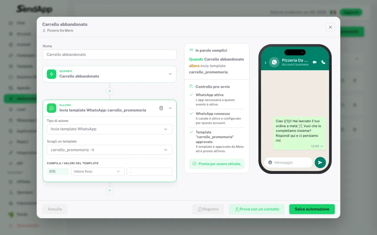 El constructor de automatizaciones: bloque CUÁNDO con el evento “Carrito abandonado” y bloque ENTONCES con la plantilla a enviar