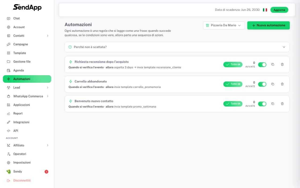 Página Automatizaciones en SendApp Agent con tres reglas activas, cada una con su plantilla