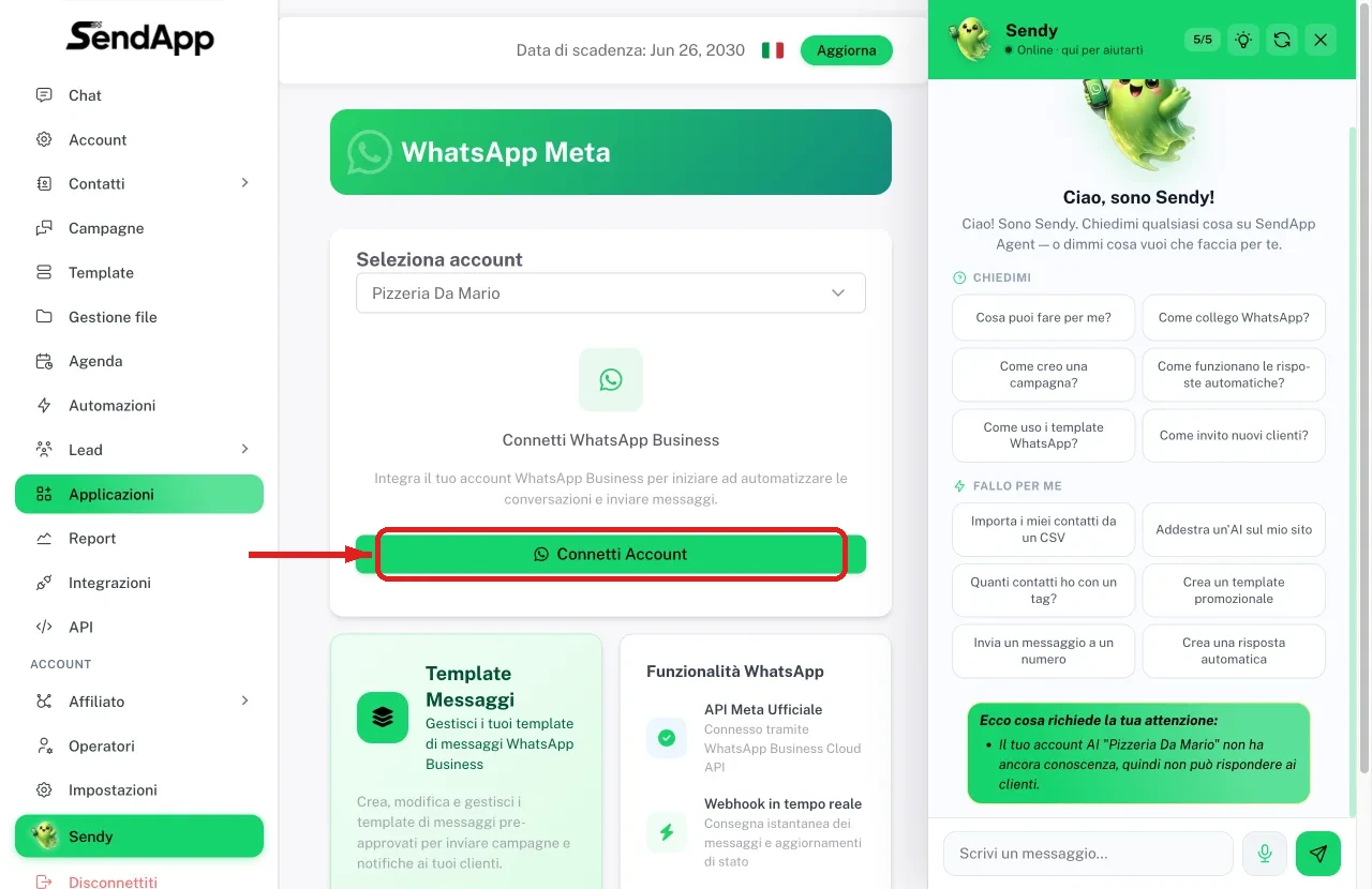 SendApp-Bildschirm Anwendungen mit WhatsApp Meta und der Schaltfläche Konto verbinden