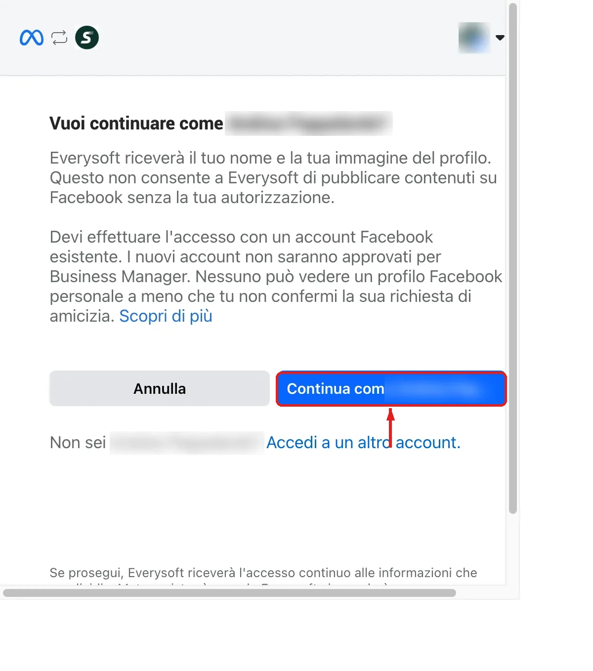 Meta-Popup, das auffordert, mit deinem Facebook-Profil fortzufahren