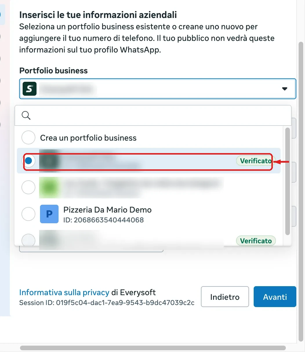 Auswahl des Unternehmensportfolios im Meta-Popup