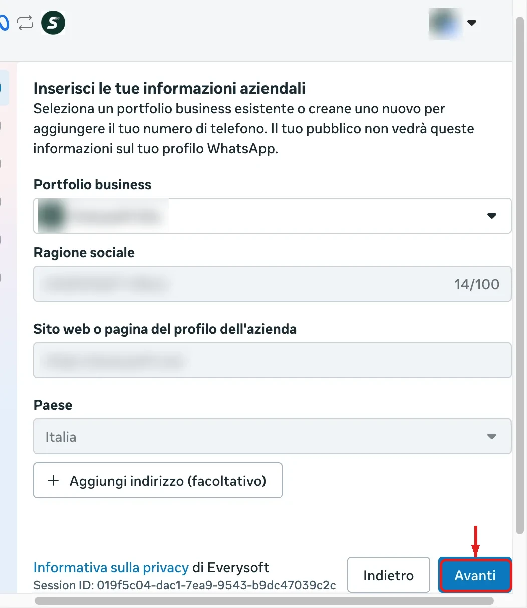 Im Meta-Popup vorausgefüllte Daten des Unternehmensportfolios