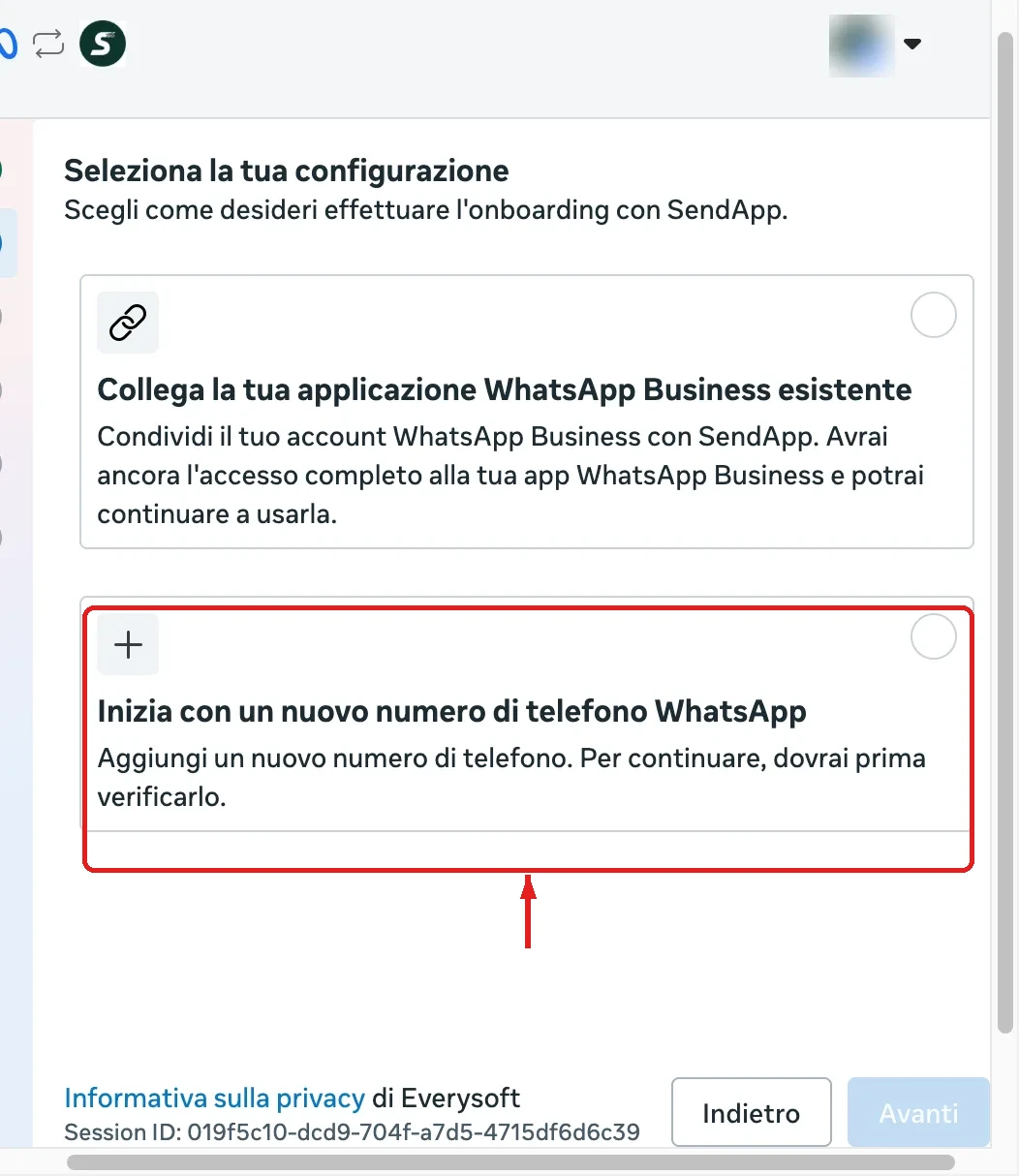 Auswahl zwischen einer neuen WhatsApp-Nummer oder dem Verbinden der bestehenden App