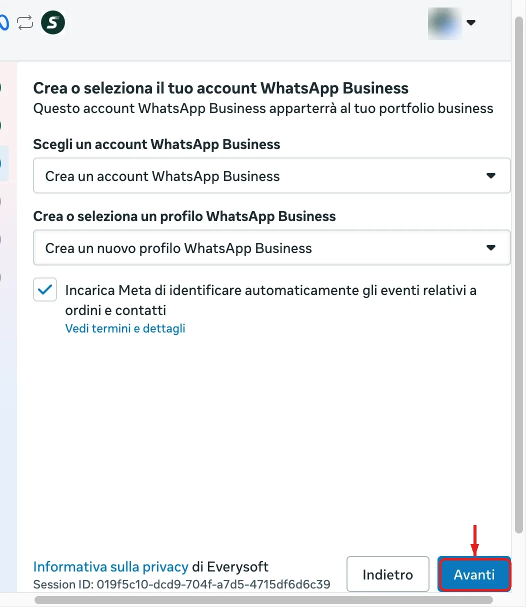 Erstellung eines neuen WhatsApp-Business-Kontos im Meta-Popup