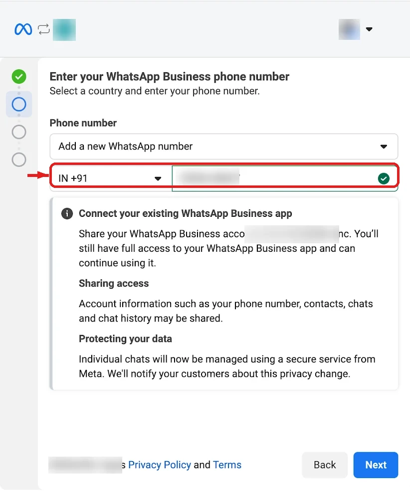 Eingabe der bestehenden WhatsApp-Business-Nummer im Meta-Popup