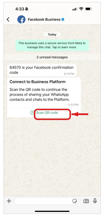 Facebook-Business-Nachricht in der App mit der Schaltfläche QR-Code scannen