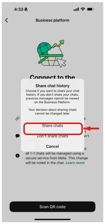 Dialog Chatverlauf teilen mit der Option Chats teilen
