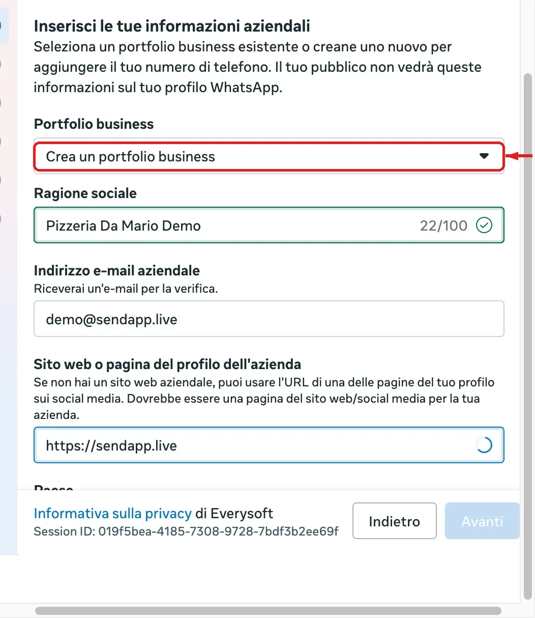 Erstellung eines neuen Unternehmensportfolios aus dem Meta-Popup
