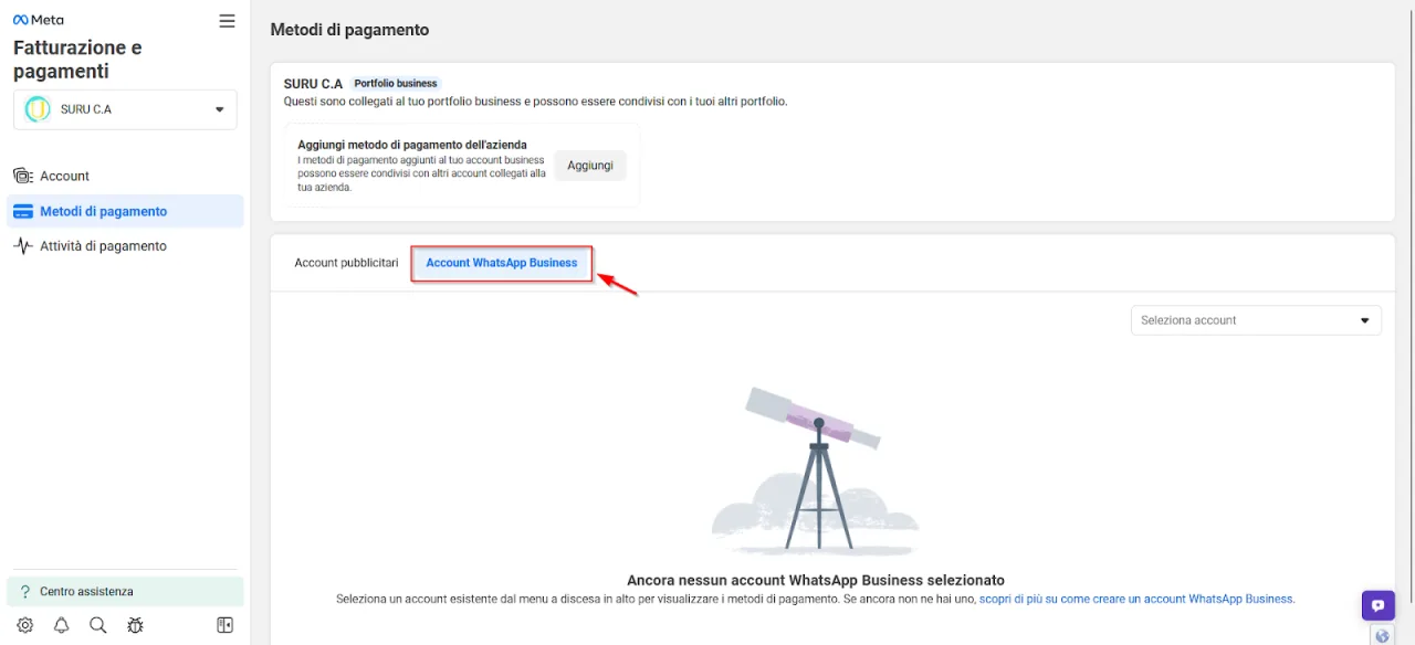 Tab WhatsApp-Business-Konten in der Meta-Abrechnung