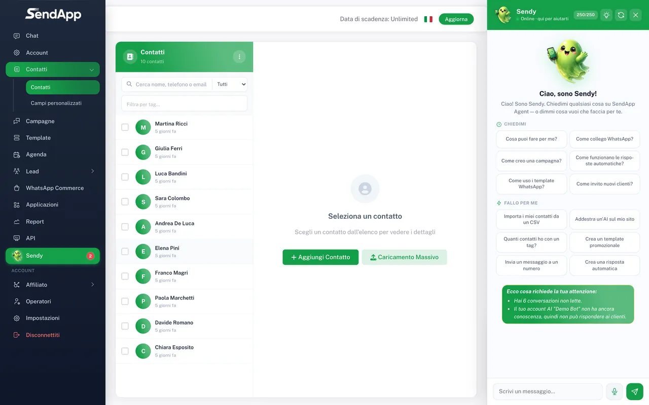 SendApp Agent Contacts section with list and tags