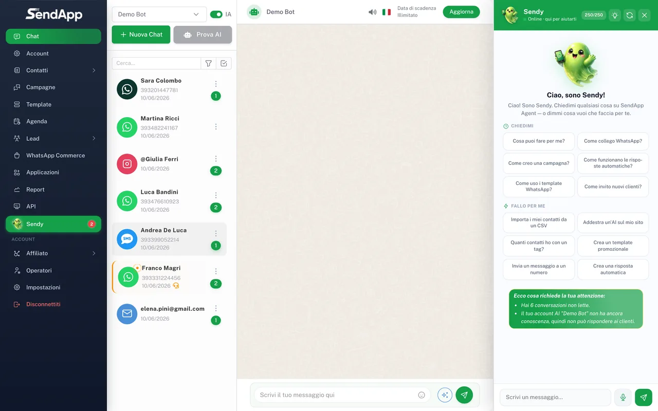 Dashboard di SendApp Agent con la lista delle conversazioni a sinistra e la chat al centro
