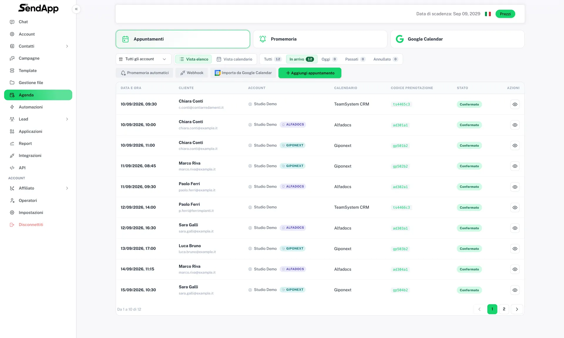 Agenda SendApp avec les rendez-vous importés du logiciel de gestion, reconnaissables au badge