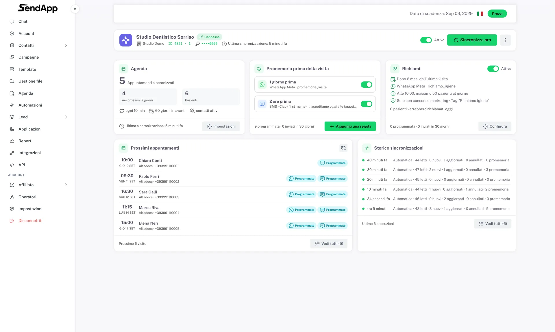 Page AlfaDocs dans SendApp : cabinet connecté, agenda synchronisé, règles de rappel, relances, prochains rendez-vous et historique