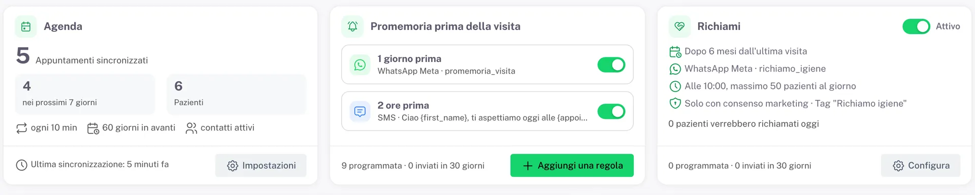 Les trois cartes Agenda, Rappels avant la visite et Relances sur la page AlfaDocs de SendApp