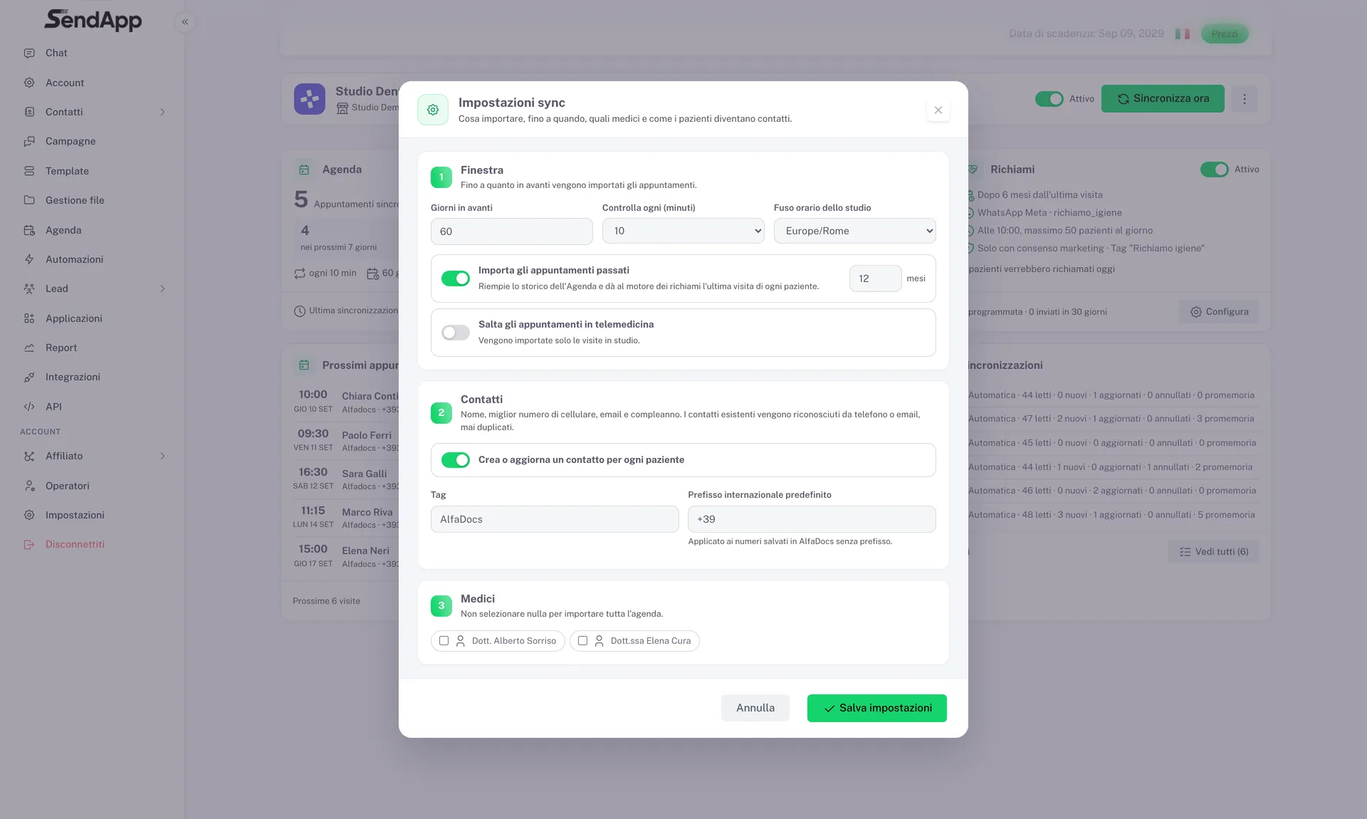 Fenêtre Réglages de synchronisation : fenêtre en jours, fréquence, import de l’historique, contacts, étiquette et indicatif