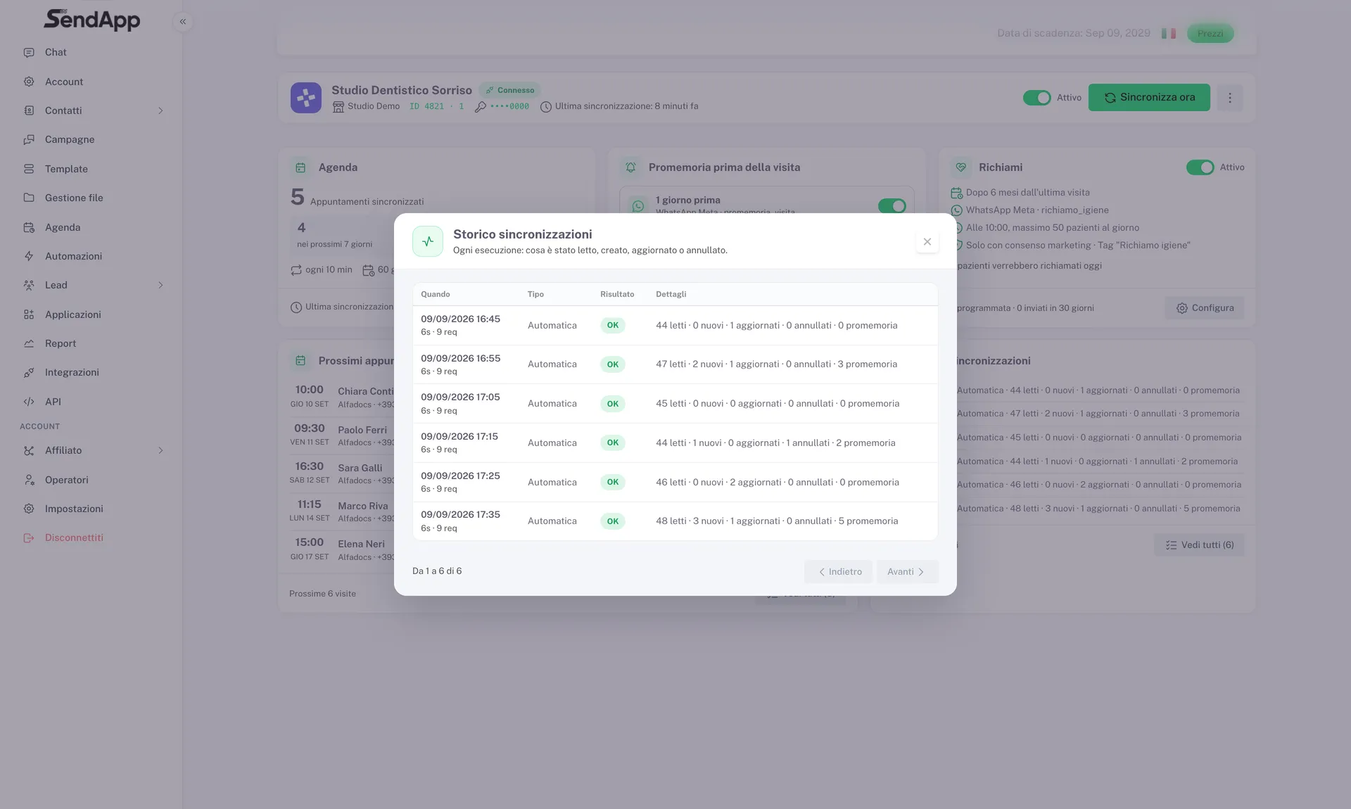 Historique des synchronisations avec AlfaDocs : pour chaque exécution, rendez-vous lus, nouveaux, mis à jour, annulés et rappels créés