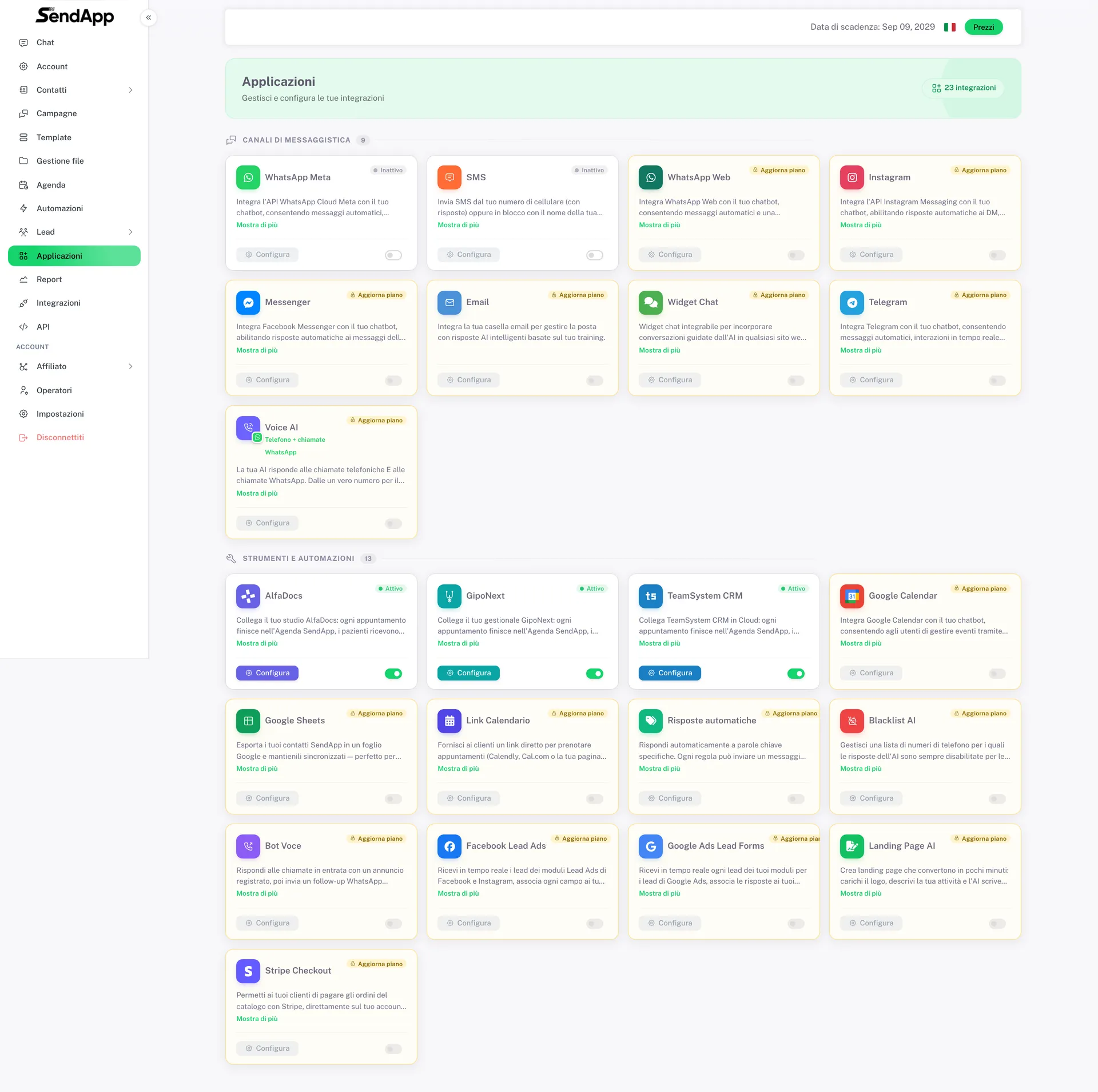 SendApp Applications page with the AlfaDocs, GipoNext and TeamSystem CRM cards