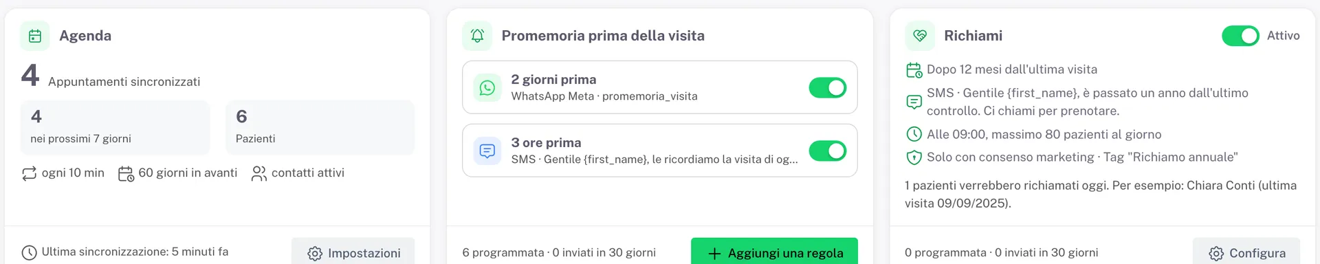 Die drei Karten Kalender, Erinnerungen vor dem Termin und Recalls auf der GipoNext-Seite in SendApp