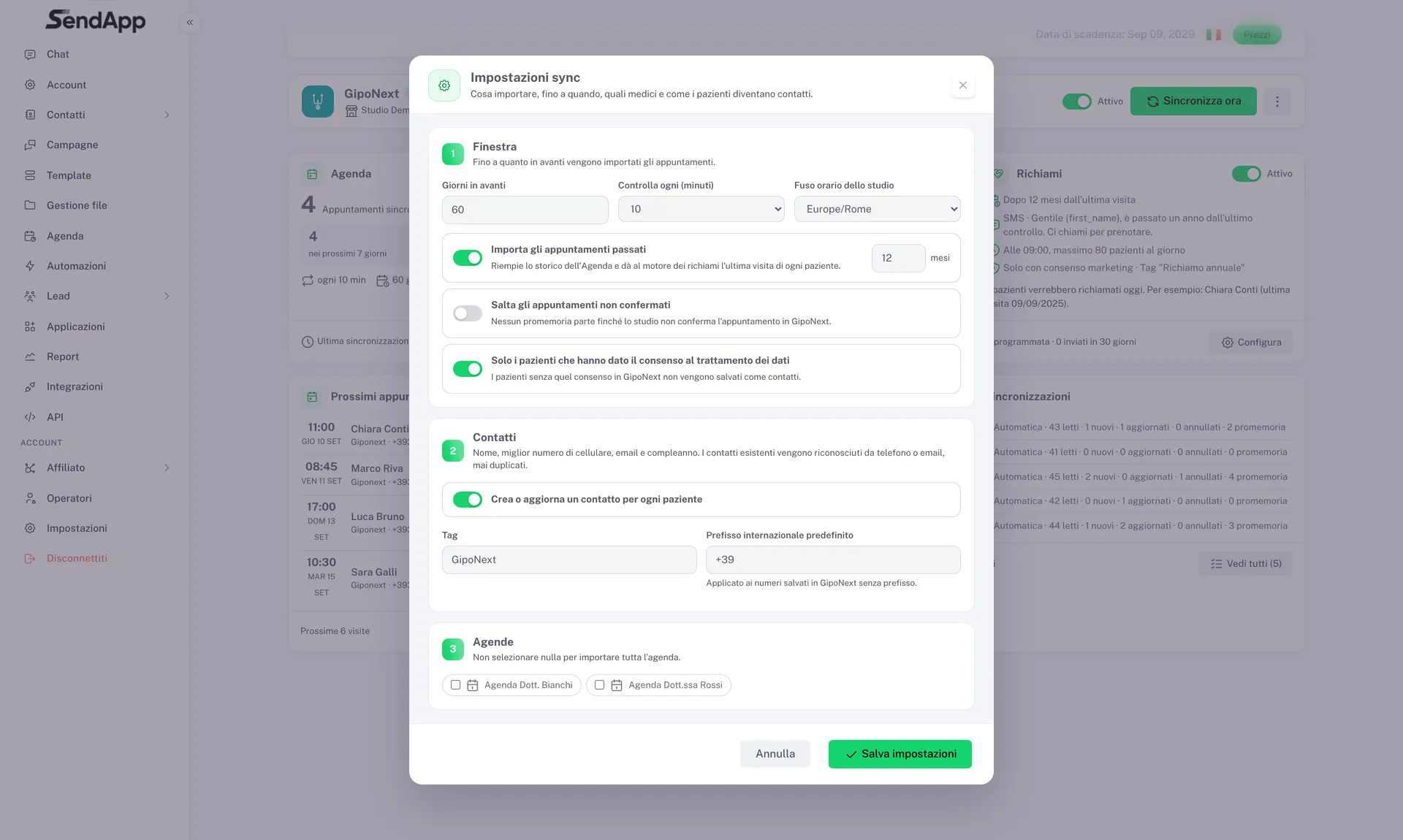 Fenster Sync-Einstellungen für GipoNext: Fenster in Tagen, Intervall, Verlauf, Kontakte, Tag, Vorwahl und Kalender
