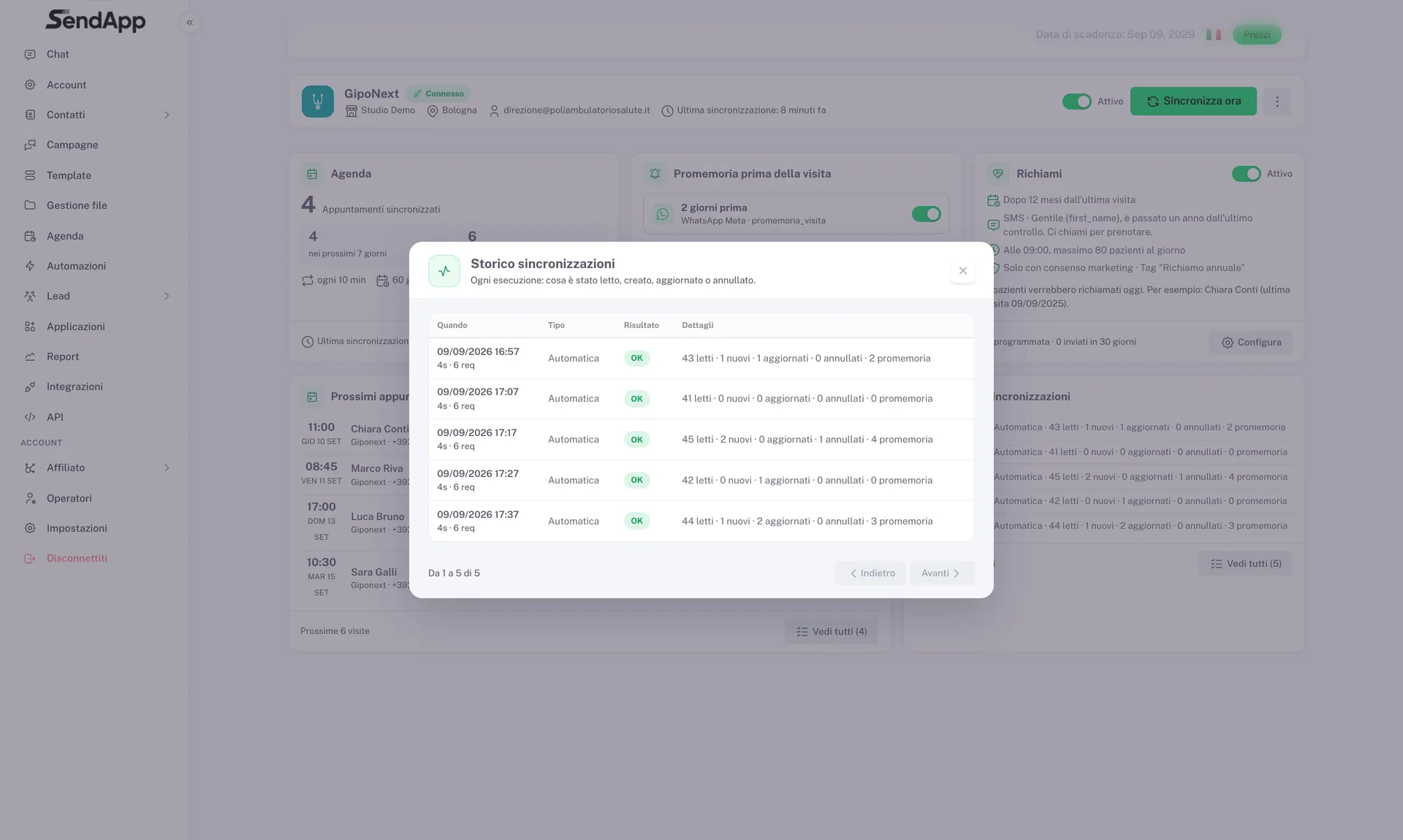 Synchronisationsverlauf mit GipoNext: pro Durchlauf gelesene, neue, aktualisierte, stornierte Termine und angelegte Erinnerungen