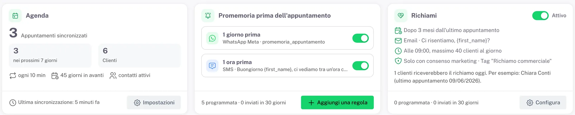 Les trois cartes Agenda, Rappels avant le rendez-vous et Relances sur la page TeamSystem CRM de SendApp