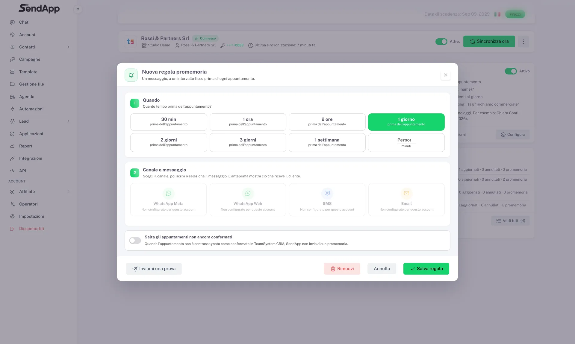 Fenêtre Nouvelle règle de rappel pour TeamSystem CRM : délai avant le rendez-vous, canal et message