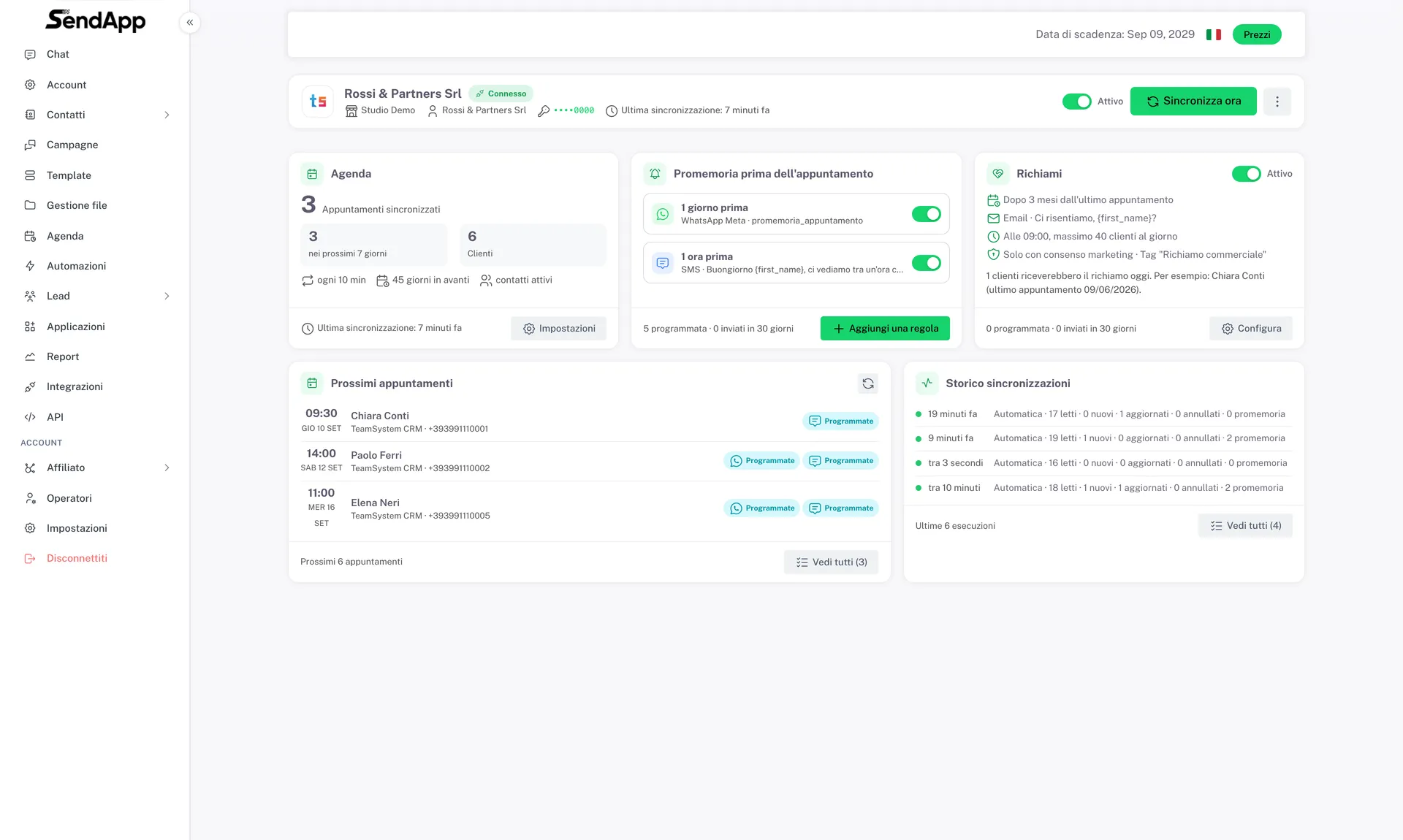 Configuration des relances pour TeamSystem CRM avec le seuil en mois, l’heure d’envoi, le maximum par jour et l’aperçu des clients