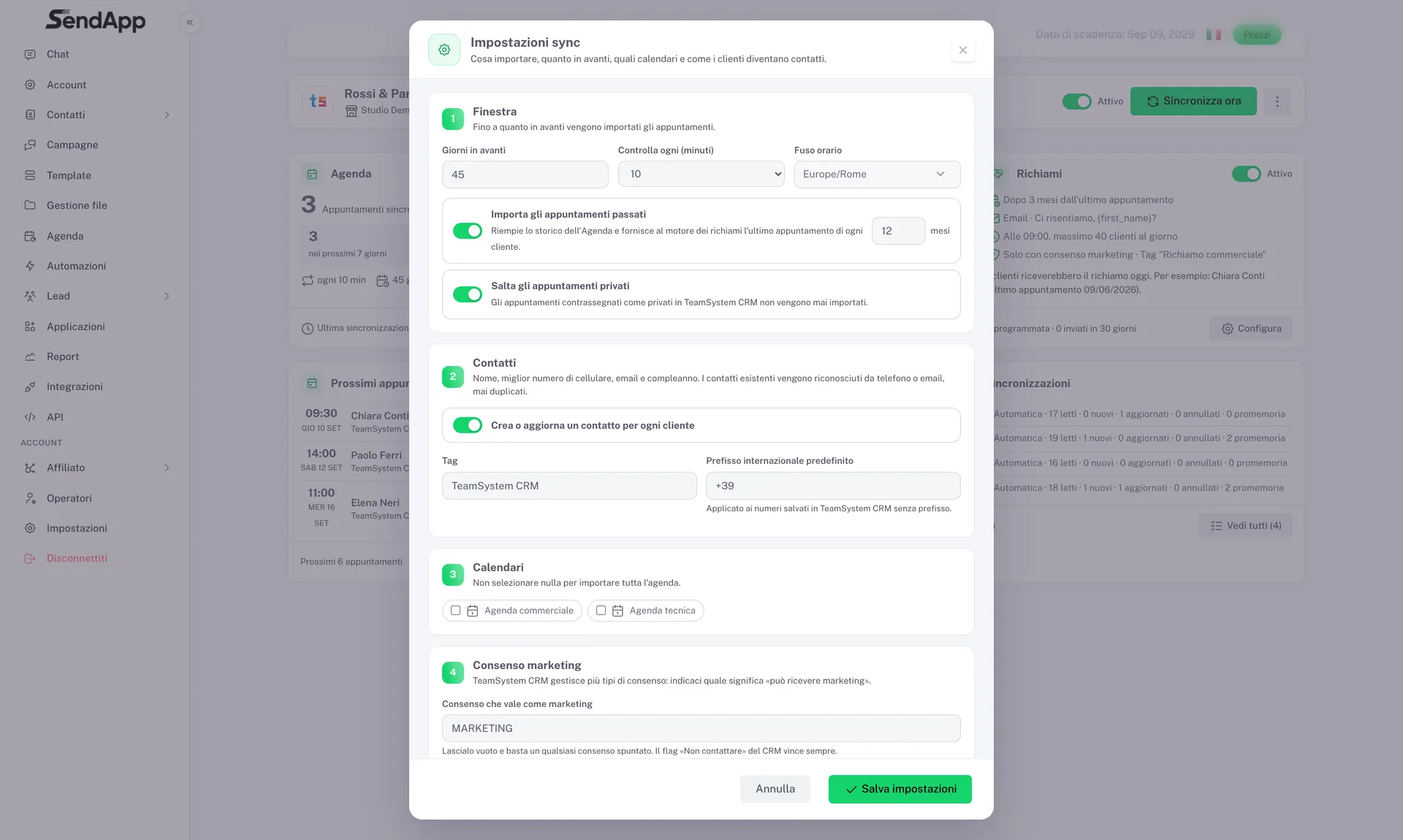 Fenêtre Réglages de synchronisation pour TeamSystem CRM : fenêtre en jours, fréquence, rendez-vous privés, contacts, calendriers et consentement marketing