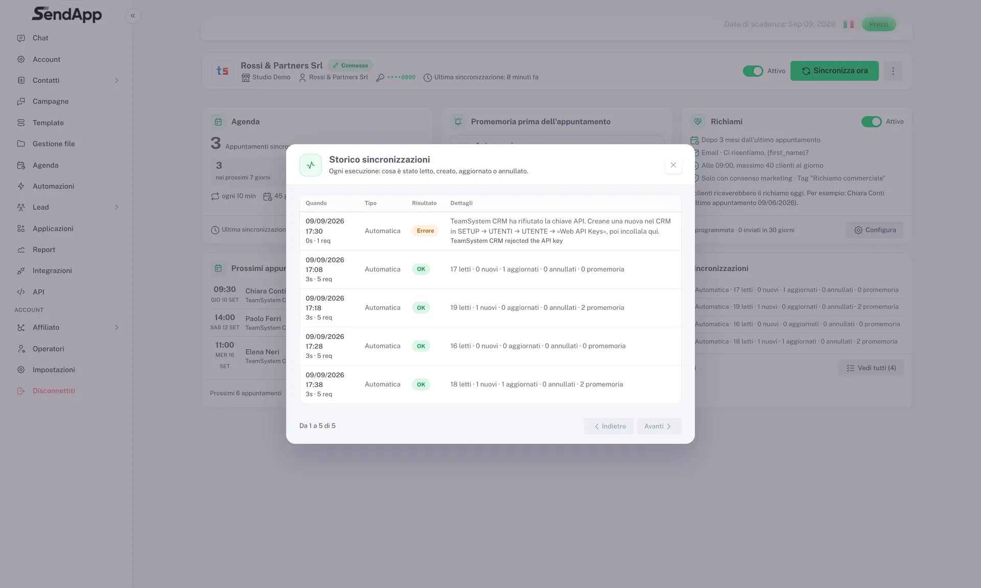 Historique des synchronisations avec TeamSystem CRM : pour chaque exécution, rendez-vous lus, nouveaux, mis à jour, annulés et rappels créés