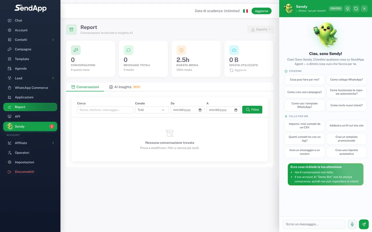 Sección Informes de SendApp Agent