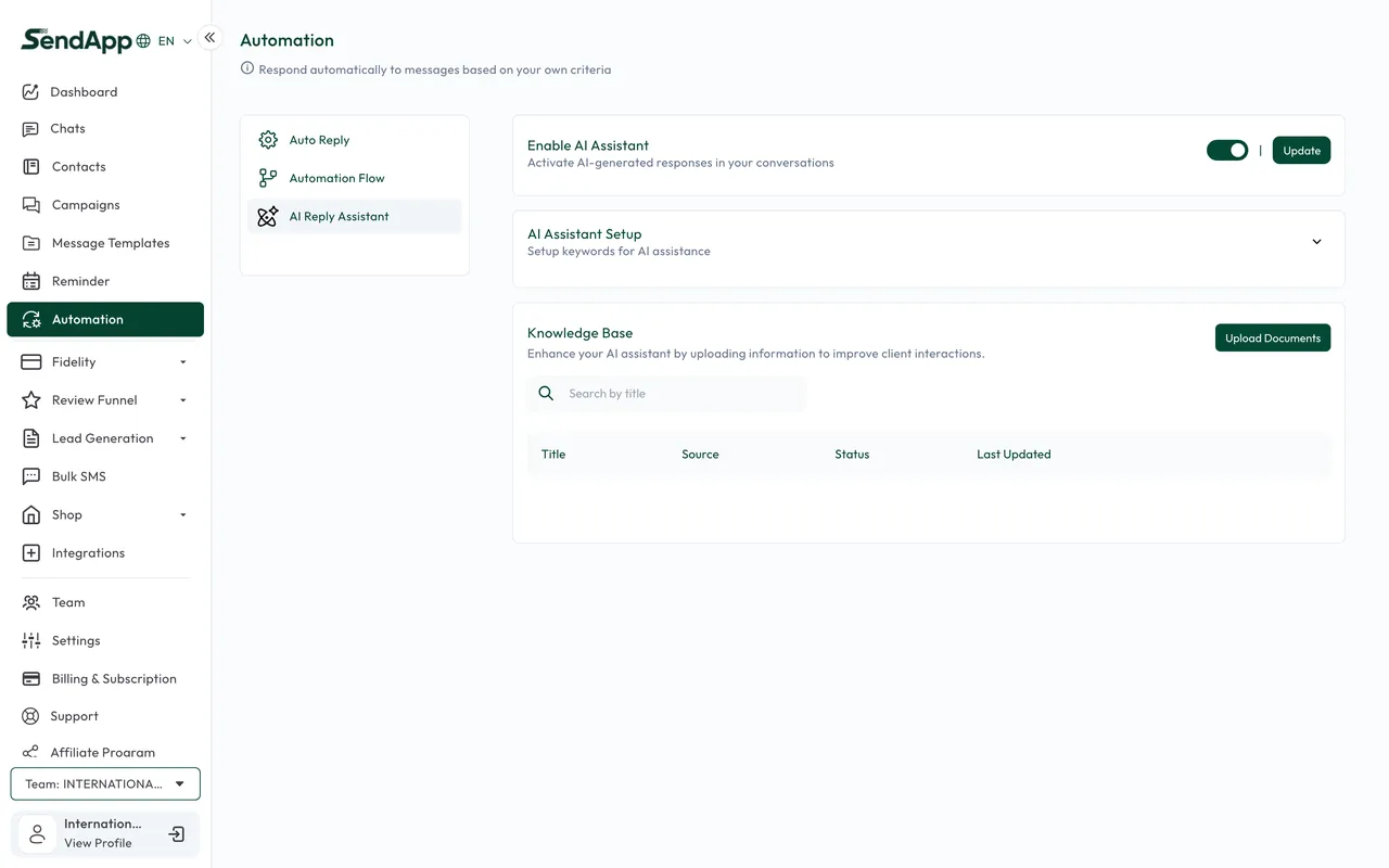 Configuração do chatbot AI no SendApp Agent