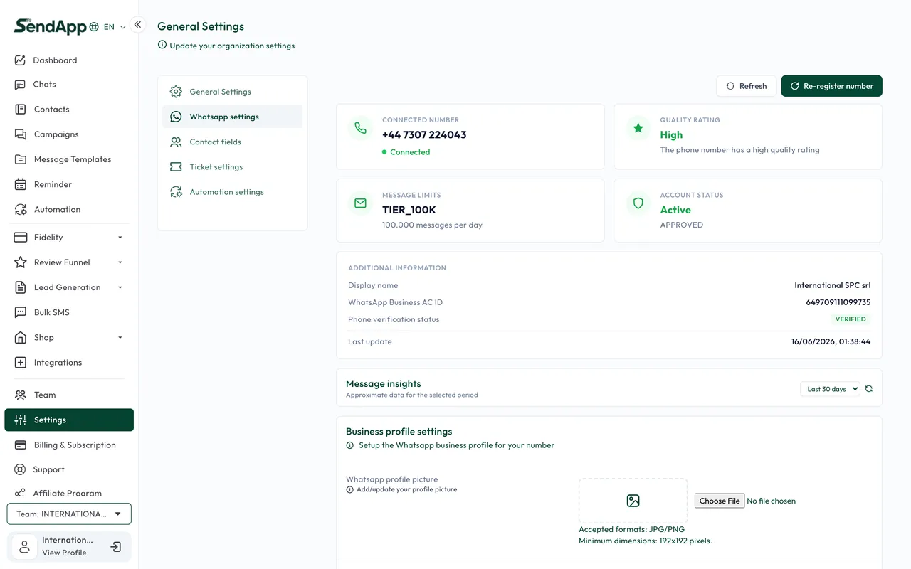 Definições do WhatsApp do SendApp Agent com o Embedded Signup