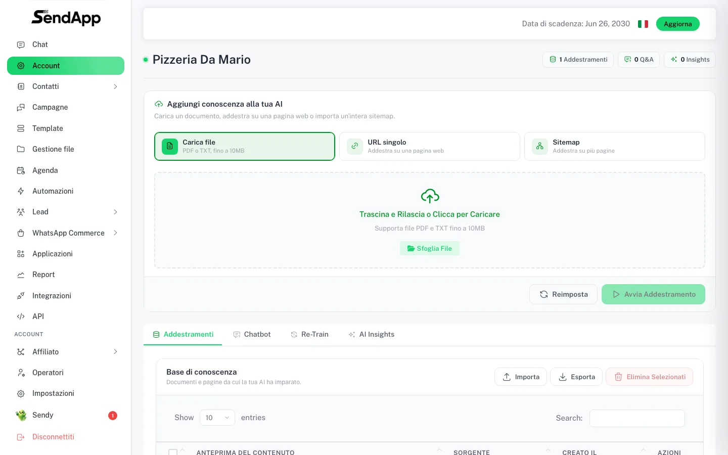 Addestramento dell’AI in SendApp: carica un file PDF o TXT, addestra su un URL singolo o importa un’intera sitemap