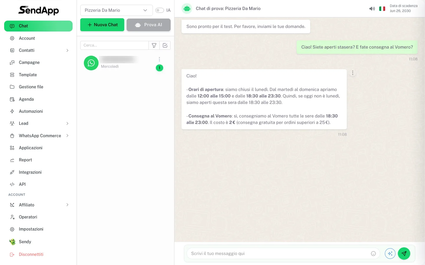 L’AI di SendApp risponde in prova con gli orari reali della pizzeria e il costo della consegna al Vomero