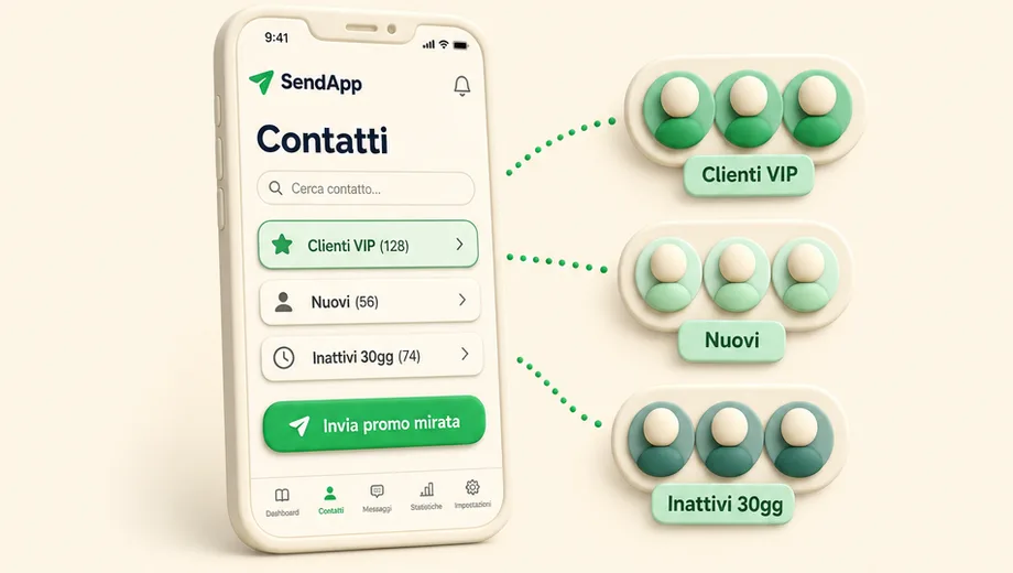 CRM di SendApp: contatti WhatsApp organizzati con etichette Clienti VIP, Nuovi e Inattivi per campagne mirate