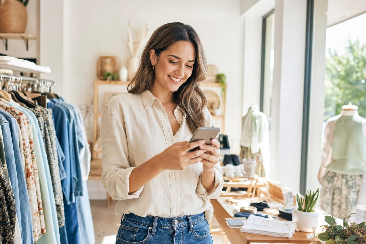 Dona de um negócio a enviar mensagens de WhatsApp aos clientes pelo telemóvel