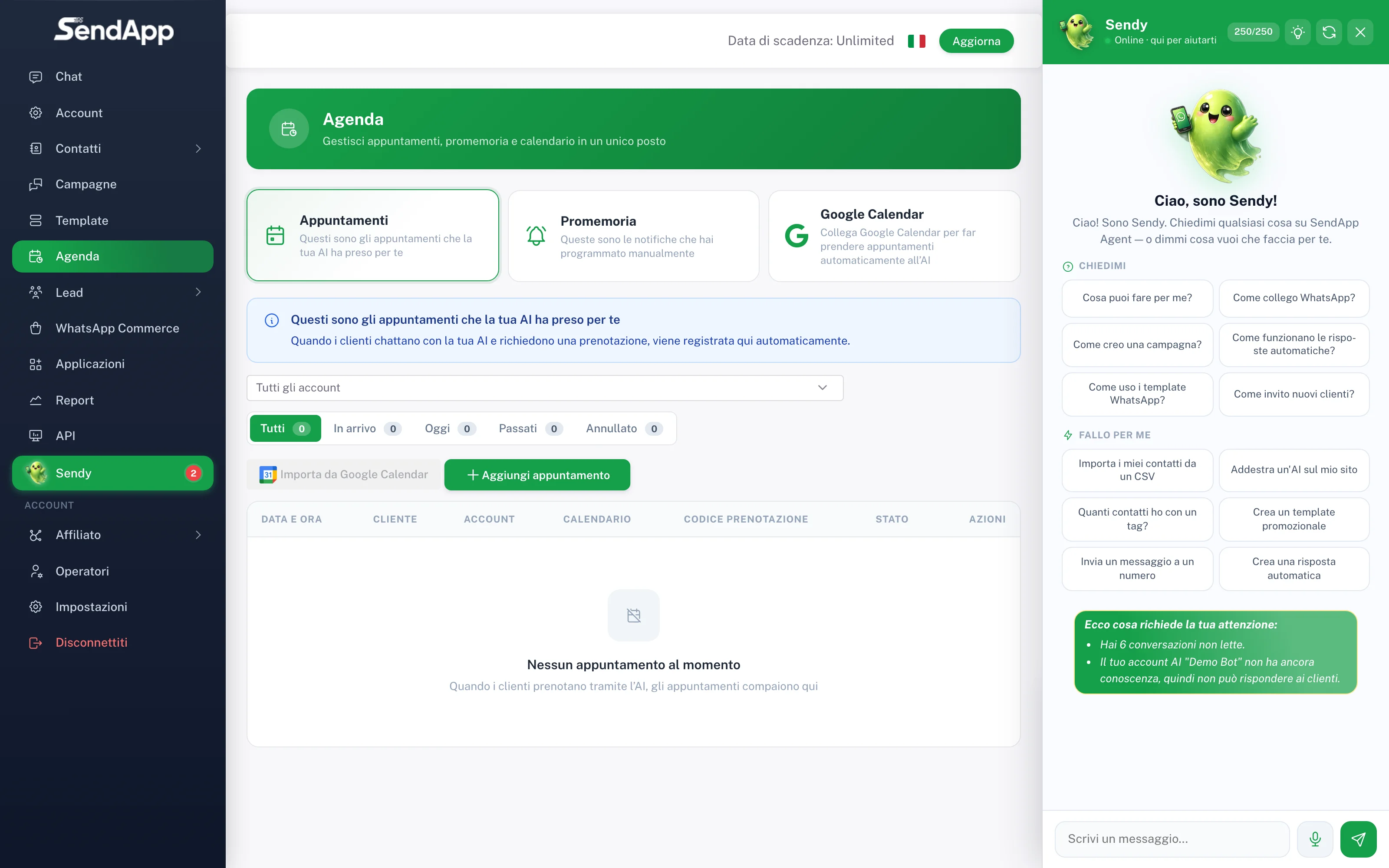 Agenda real de SendApp con citas y recordatorios